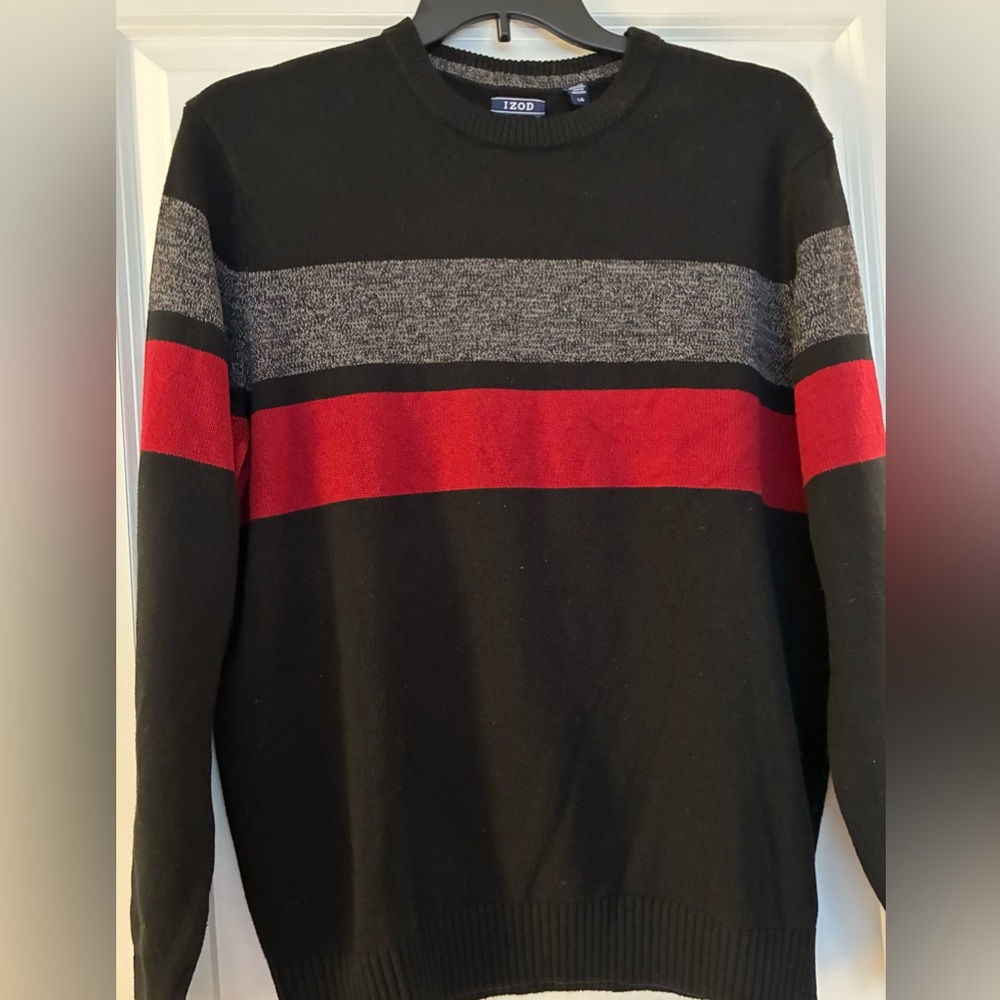 Izod Men's Black Sweater with Red and Gray Stripes